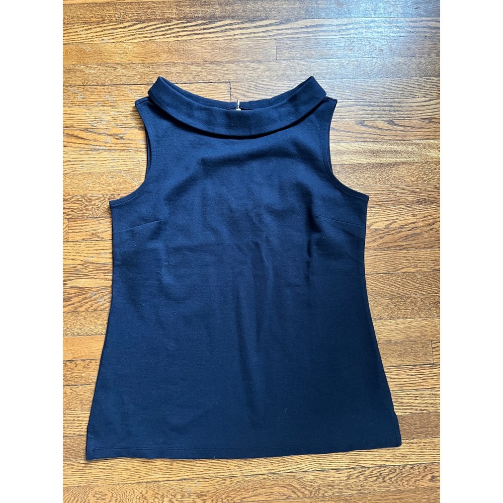 Talbots Petite Navy Blue Portrait Collar Sleeveless Knit Top SP Zip Back